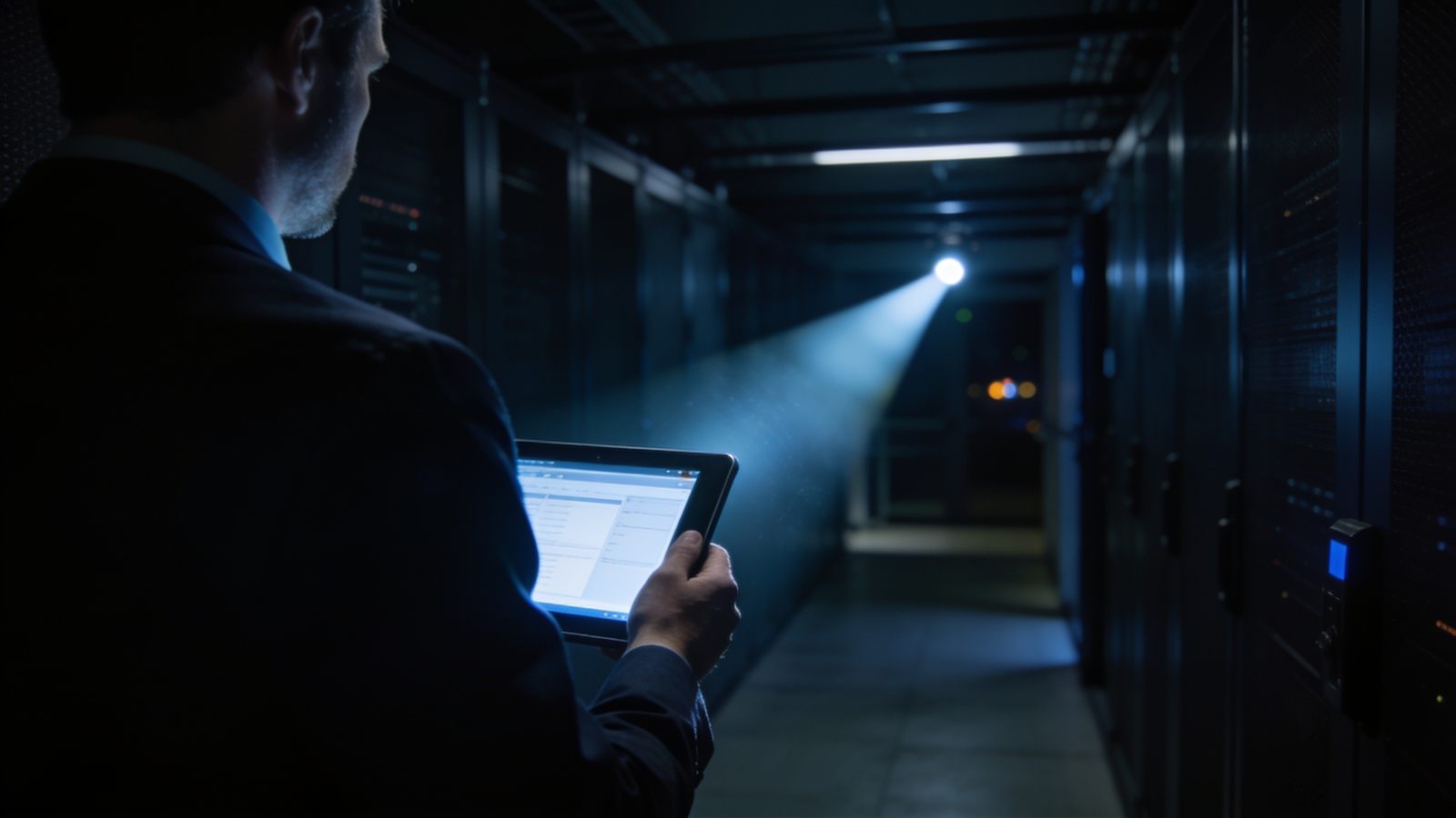 Security audit inspection of a facility at night